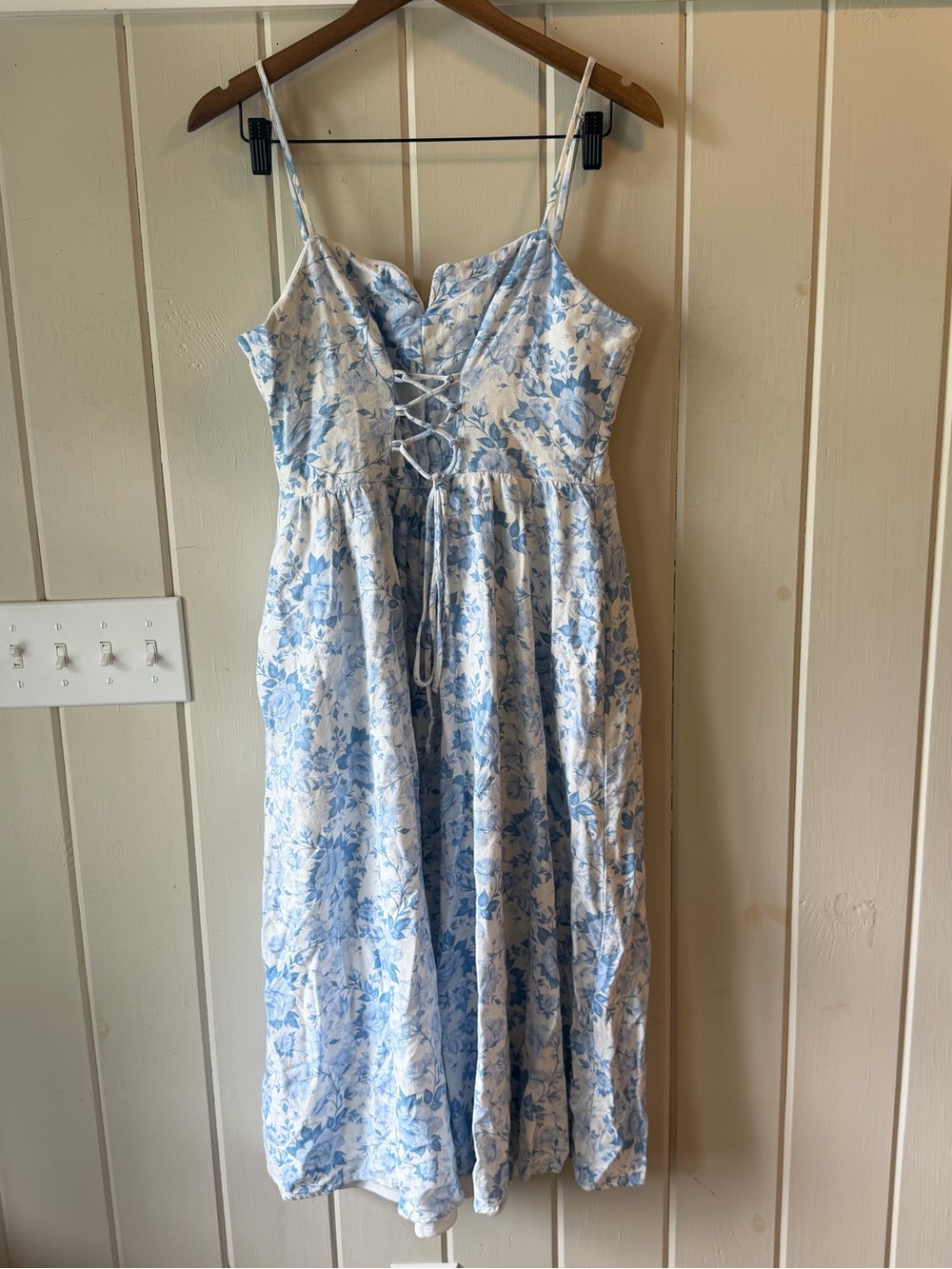 Altar'd State White & Blue Patterned Dress w/ Lace-Up Bust, Size XL